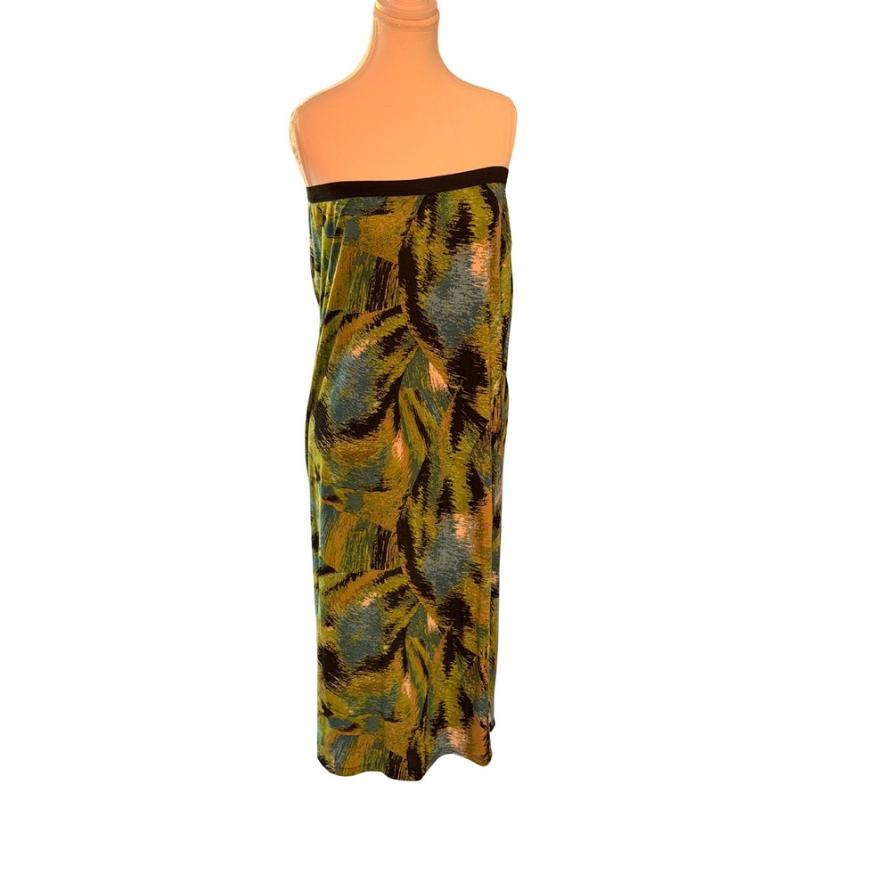 Planet Gold Womens Strapless Maxi Dress Green Blue Abstract Tropical Print L